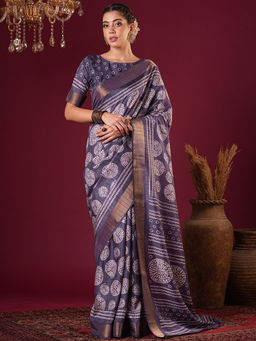 Akhilam - Womens Silk Blend Lavender Printed Designer Saree with Unstitched Blouse
