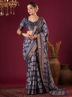Akhilam - Womens Silk Blend Grey Printed Designer Saree with Unstitched Blouse