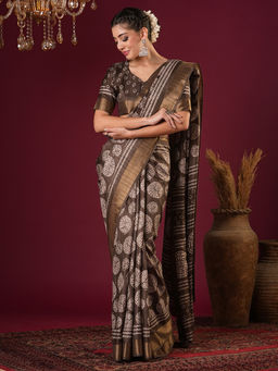 Akhilam - Womens Silk Blend Coffee Brown Printed Designer Saree with Unstitched Blouse