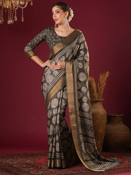 Akhilam - Womens Silk Blend Olive Printed Designer Saree with Unstitched Blouse