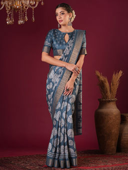 Akhilam - Womens Silk Blend Blue Printed Designer Saree with Unstitched Blouse