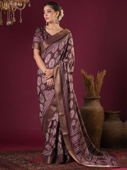 Akhilam - Womens Silk Blend Burgundy Printed Designer Saree with Unstitched Blouse