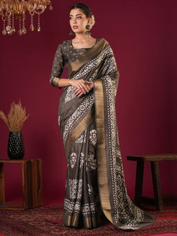 Akhilam - Womens Silk Blend Brown Printed Designer Saree with Unstitched Blouse