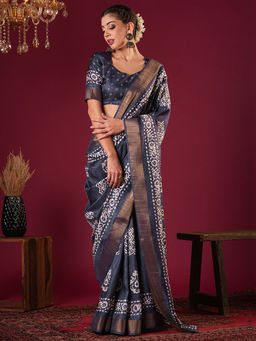 Akhilam - Womens Silk Blend Grey Printed Designer Saree with Unstitched Blouse