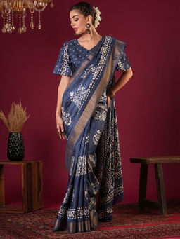 Akhilam - Womens Silk Blend Blue Printed Designer Saree with Unstitched Blouse