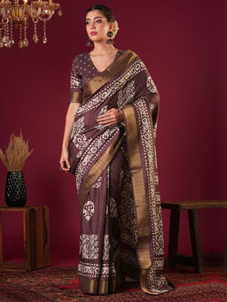 Akhilam - Womens Silk Blend Burgundy Printed Designer Saree with Unstitched Blouse