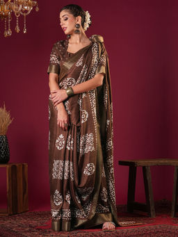 Akhilam - Womens Silk Blend Rust Printed Designer Saree with Unstitched Blouse