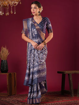 Akhilam - Womens Silk Blend Purple Printed Designer Saree with Unstitched Blouse