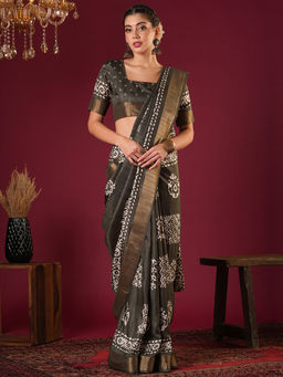 Akhilam - Womens Silk Blend Olive Printed Designer Saree with Unstitched Blouse