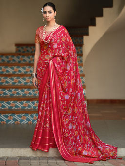 Akhilam - Womens Pure Chiffon Red Printed Designer Saree with Unstitched Blouse