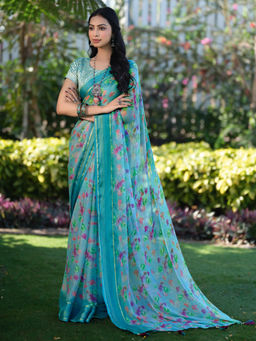 Akhilam - Womens Pure Chiffon Light Blue Printed Designer Saree with Unstitched Blouse