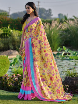 Akhilam - Womens Pure Chiffon Yellow Printed Designer Saree with Unstitched Blouse