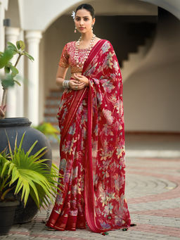 Akhilam - Womens Pure Chiffon Red Printed Designer Saree with Unstitched Blouse
