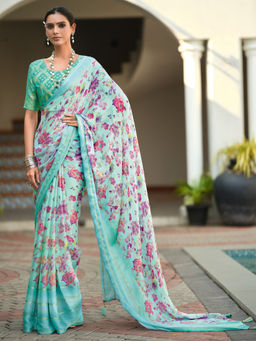 Akhilam - Womens Pure Chiffon Turquoise Printed Designer Saree with Unstitched Blouse