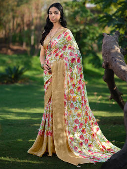 Akhilam - Womens Pure Chiffon Off White Printed Designer Saree with Unstitched Blouse