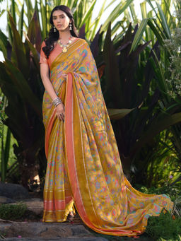 Akhilam - Womens Pure Chiffon Mustard Printed Designer Saree with Unstitched Blouse