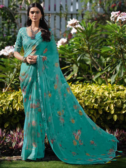 Akhilam - Womens Pure Chiffon Blue Printed Designer Saree with Unstitched Blouse