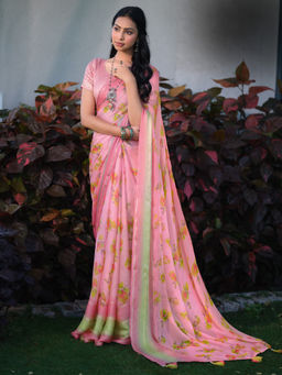 Akhilam - Womens Pure Chiffon Pink Printed Designer Saree with Unstitched Blouse
