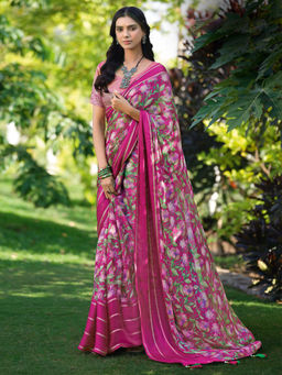 Akhilam - Womens Pure Chiffon Pink Printed Designer Saree with Unstitched Blouse