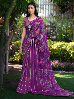 Akhilam - Womens Pure Chiffon Purple Printed Designer Saree with Unstitched Blouse