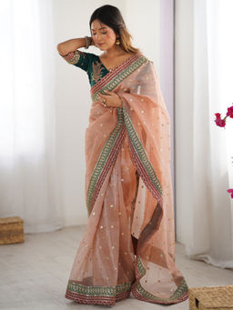 Akhilam - Womens Organza Peach Embellished Designer Saree with Unstitched Blouse