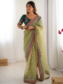 Akhilam - Womens Organza Green Embellished Designer Saree with Unstitched Blouse