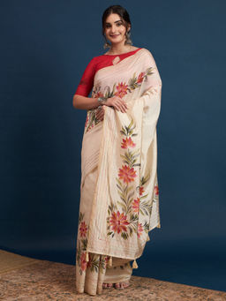 Akhilam - Womens Tussar Silk Cream Printed Designer Saree with Unstitched Blouse