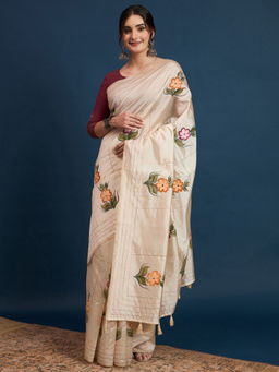 Akhilam - Womens Tussar Silk Cream Printed Designer Saree with Unstitched Blouse