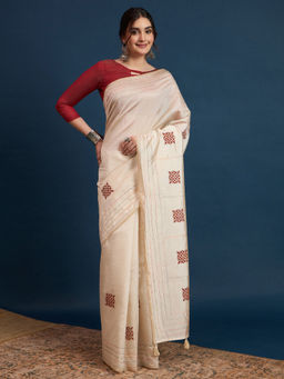 Akhilam - Womens Tussar Silk Cream Printed Designer Saree with Unstitched Blouse