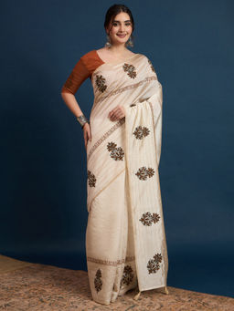 Akhilam - Womens Tussar Silk Cream Printed Designer Saree with Unstitched Blouse