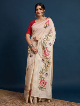 Akhilam - Womens Tussar Silk Cream Printed Designer Saree with Unstitched Blouse