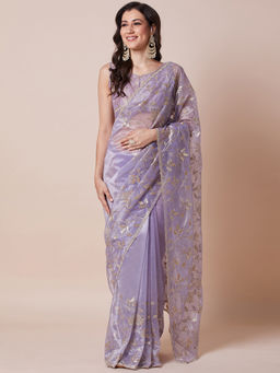 Akhilam - Womens Net Lavender Embellished Designer Saree with Unstitched Blouse