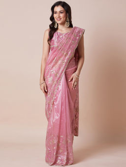 Akhilam - Womens Net Pink Embellished Designer Saree with Unstitched Blouse