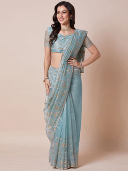 Akhilam - Womens Net Light Blue Embellished Designer Saree with Unstitched Blouse