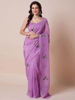 Akhilam - Womens Pure Georgette Lavender Embellished Designer Saree with Unstitched Blouse