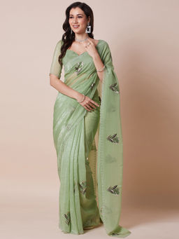 Akhilam - Womens Pure Georgette Light Green Embellished Designer Saree with Unstitched Blouse