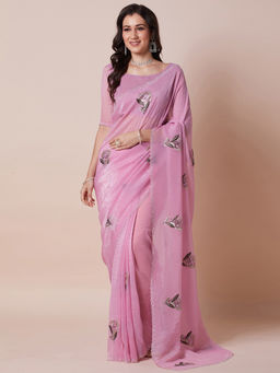 Akhilam - Womens Pure Georgette Pink Embellished Designer Saree with Unstitched Blouse