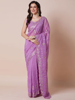 Akhilam - Womens Pure Georgette Lavender Embellished Designer Saree with Unstitched Blouse