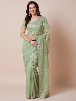 Akhilam - Womens Pure Georgette Light Green Embellished Designer Saree with Unstitched Blouse