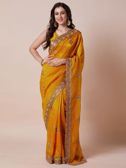 Akhilam - Womens Satin Silk Mustard Embellished Designer Saree with Unstitched Blouse