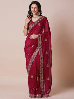 Akhilam - Womens Satin Silk Pink Embellished Designer Saree with Unstitched Blouse