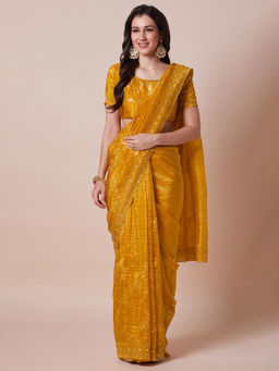 Akhilam - Womens Paper Silk Yellow Embellished Designer Saree with Unstitched Blouse