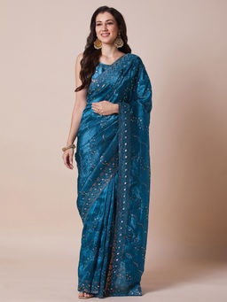 Akhilam - Womens Paper Silk Teal blue Embellished Designer Saree with Unstitched Blouse