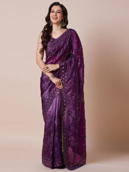 Akhilam - Womens Paper Silk Purple Embellished Designer Saree with Unstitched Blouse
