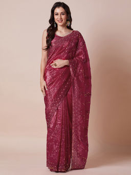 Akhilam - Womens Paper Silk Maroon Embellished Designer Saree with Unstitched Blouse