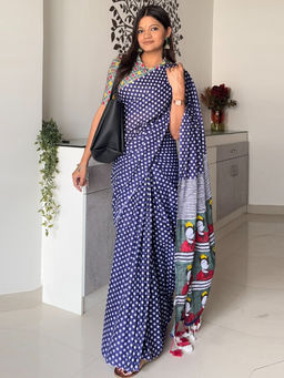 Akhilam - Womens Cotton Navy Blue Printed Designer Saree with Unstitched Blouse