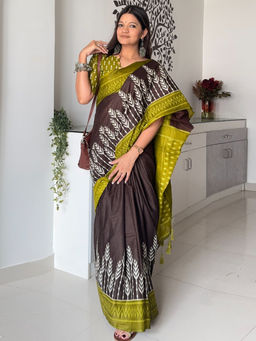 Akhilam - Womens Cotton Brown Printed Designer Saree with Unstitched Blouse