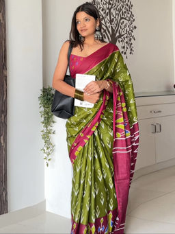 Akhilam - Womens Cotton Green Printed Designer Saree with Unstitched Blouse