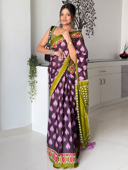 Akhilam - Womens Cotton Burgundy Printed Designer Saree with Unstitched Blouse