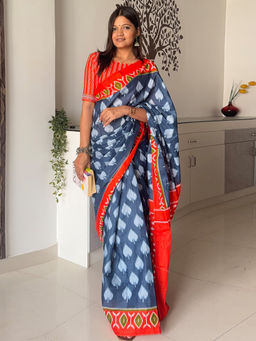 Akhilam - Womens Cotton Blue Printed Designer Saree with Unstitched Blouse